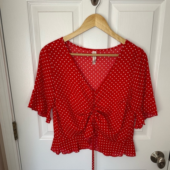 Peppermint Tops - Red Polka Dot Womens Cinched Top Size Medium Bell Sleeve Ruffle Waist Feminine